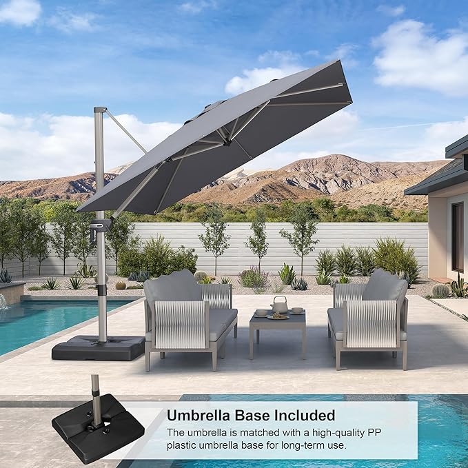 PURPLE LEAF 9FT Patio Umbrella with Base Champagne Square Cantilever Offset Outdoor Umbrella with 360 Rotation for Garden Pool, Light Grey