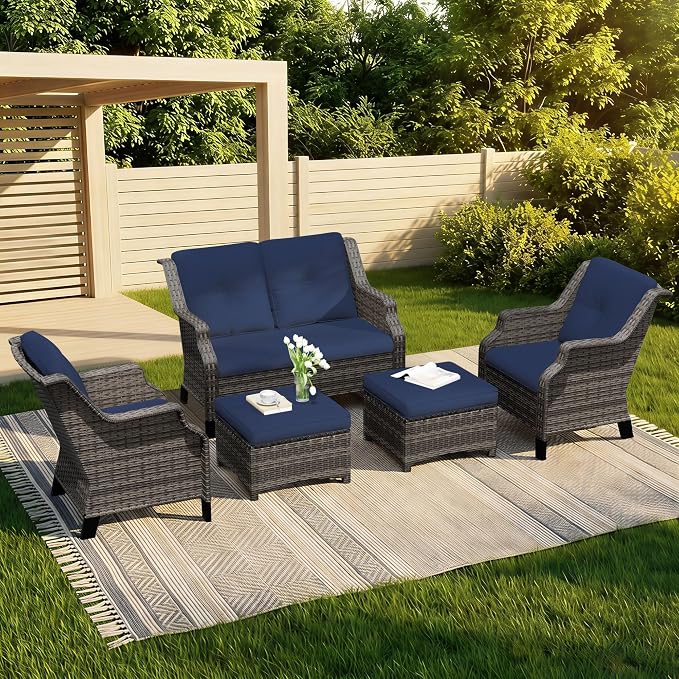 5 Pieces Patio Furniture Set, Outdoor Furniture Set with 2 Patio Chairs, 2 PE Rattan Ottoman, 1 Patio Wicker Loveseat with Thick Cushions, Ideal for Backyard, Garden, Poolside, Blue