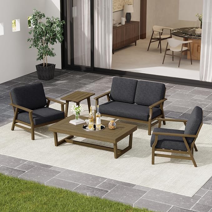 4 Pieces Patio Furniture Sets, Teak Wood Outdoor Sectional Furniture with Coffee Table, 4 Seats Patio Sofa Couch Conversation Set for Backyard Deck - Dark Gray