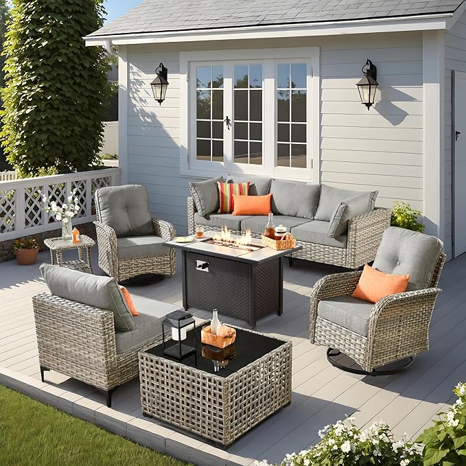 Outdoor Patio Furniture Sets,9 PCS Patio Conversation Set Outside Rattan Sectional Sofa with 42 in Fire Pit Table Wicker Rocking Chair Coffee Table Fit Backyard Porch Garden Poolside Balcony