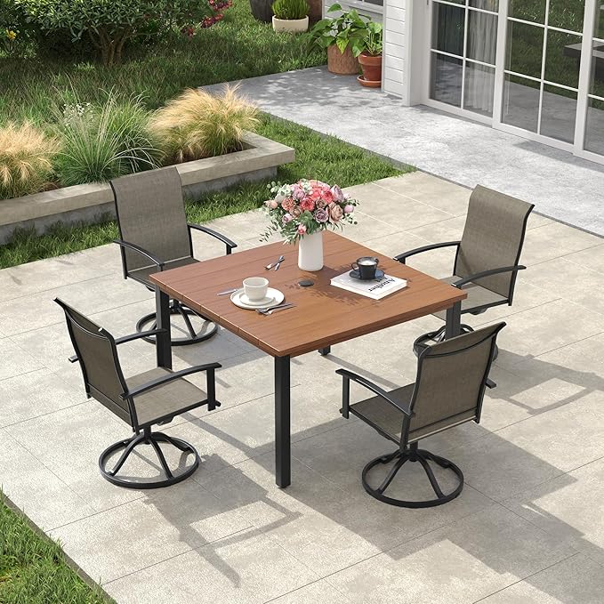 VICLLAX 5 Pieces Patio Dining Set, Patio Furniture Set of Metal Outdoor Table with Umbrella Hole and 4 Swivel Patio Chairs for Backyard Lawn, Mixed Brown & Walnut