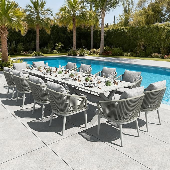LayinSun 14 Pieces Outdoor Patio Dining Set, Aluminium Rectangular Dining Table and Wicker Rattan Chairs Set for Outside Backyard, Poolside