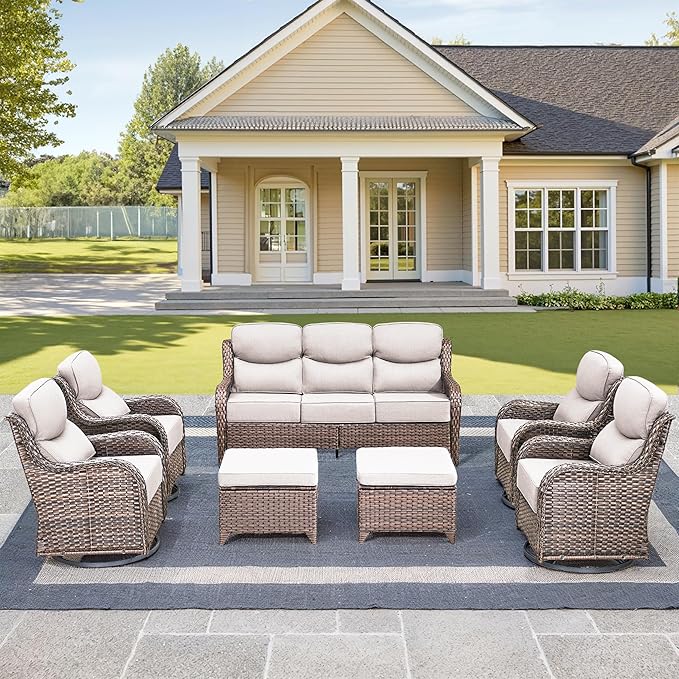 Luxury High Back Outdoor Furniture with 6-Inch Thick Cushions, Patio Furniture Set with Swivel Chairs, 7 PCS Wicker Conversation Set for Porch, Balcony, Deck and Yard