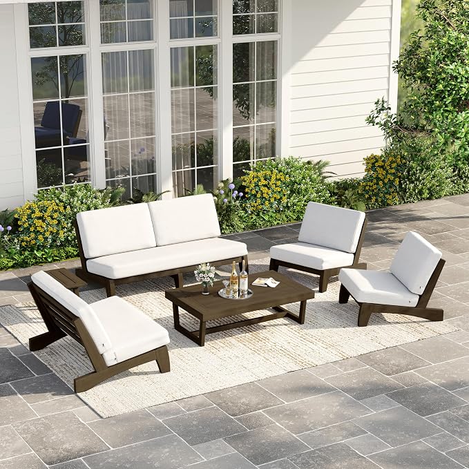 6 Piece Wood Outdoor Patio Frutnire Set, 7 Seater Patio Conversation Sets with Thick Cushions, Outdoor Sectional Furniture with Coffee Table - Beige