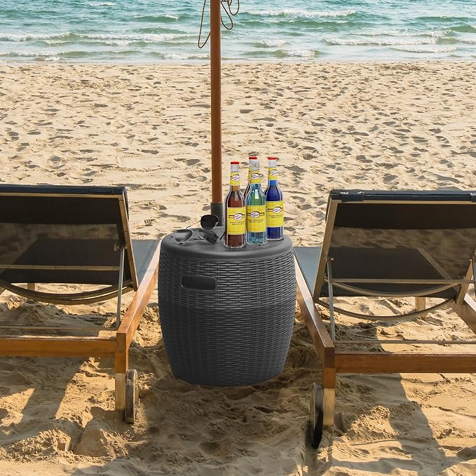 Outdoor Cooler Side Table, 9.5 Gallon Weather-Resistant Portable Ptio Cooler Table, Resin Rattan Round Cool Bar with Lid for Patio, Decor, Pool, Party (Black)