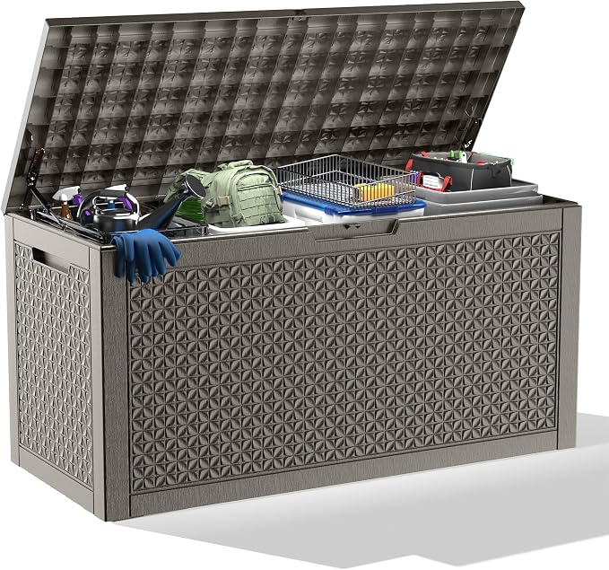 New 121 Gallon Outdoor Storage Box, Resin Deck Boxes Waterproof, Indoor Outdoor Bin for Package Delivery, Patio Cushions, Gardening Tools, Lockable, UV Resistant
