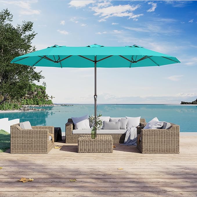 PatioKingdom 15FT Large Patio Umbrella with Base, Double Sided Rectangular Outdoor Umbrella with Sturdy Fiberglass Ribs, Market Umbrella for Pool,Garden,Backyard,Deck (Peacock Blue, 15FT)