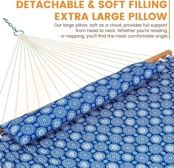 Lazy Daze Hammocks 12FT Quilted Fabric Hammock with Soft Pillow, Double 2 Person Tree Hammock with Spreader Bar for Outdoor Patio Backyard Poolside, 450lbs Weight Capacity, Blue Floral