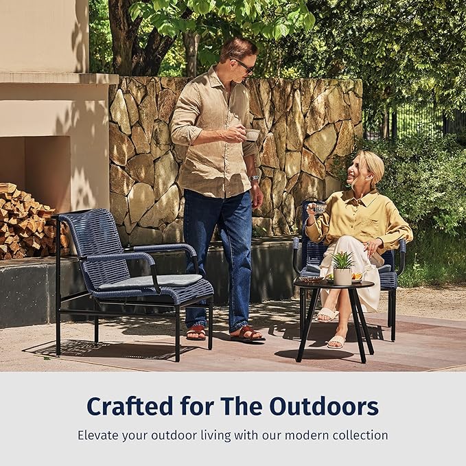 East Oak 3-Piece Patio Furniture Set, Outdoor Bistro Set with PE Rattan Wicker Wide Chairs, Soft Cushions & Coffee Table, Modern All-Weather Wicker Patio Set for Garden and Porch, Navy Blue