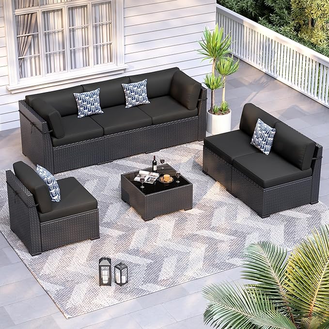 Patio Furniture Sets, 7-Piece Outdoor Patio Furniture with Thick Cushions,Coffee Table Outdoor All-Weather Conversation Set Sectional Sofa for Backyard, Poolside, Garden(Black)