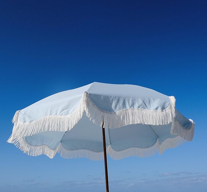 Business & Pleasure Co. Holiday Umbrella - Boho Beach Umbrella with White Fringe, UPF 50+, 1" Tilting Wood Pole, 5’ x 6.5’, Santorini Blue