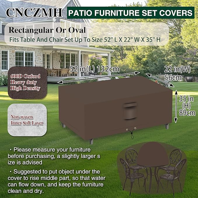 Heavy Duty Patio Furniture Covers Waterproof, 600D Outdoor Furniture Cover Waterproof for Sectional Sofa Couch, Outdoor Dining Table and Chair Set Covers 52''L x 22''W x 35''H, Brown
