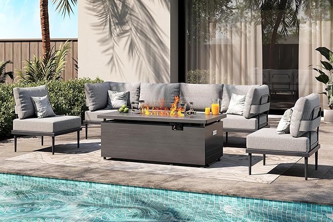 Metal Patio Furniture Set, 5 Pieces Outdoor Sectional Couch Sets with Fire Pit Table, 6" Thick Cushion Outdoor Conversation Set for Deck, Patio & Courtyard (Gray)
