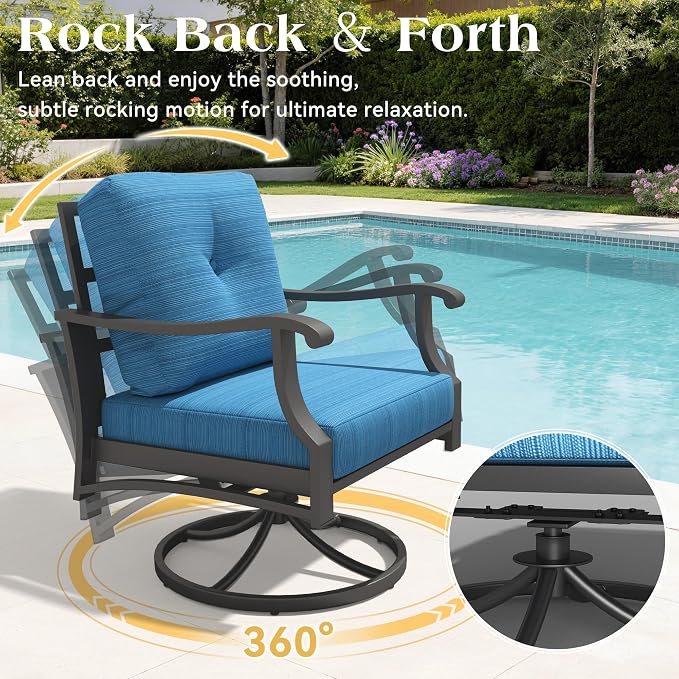 4 Piece Patio Furniture Set, Metal Outdoor Conversation Set w/3-Seat Sofa, 2 Rocking Swivel Chairs, Side Table, Patio Bistro Set w/5" Thickened Cushions for Backyard, Poolside, Blue