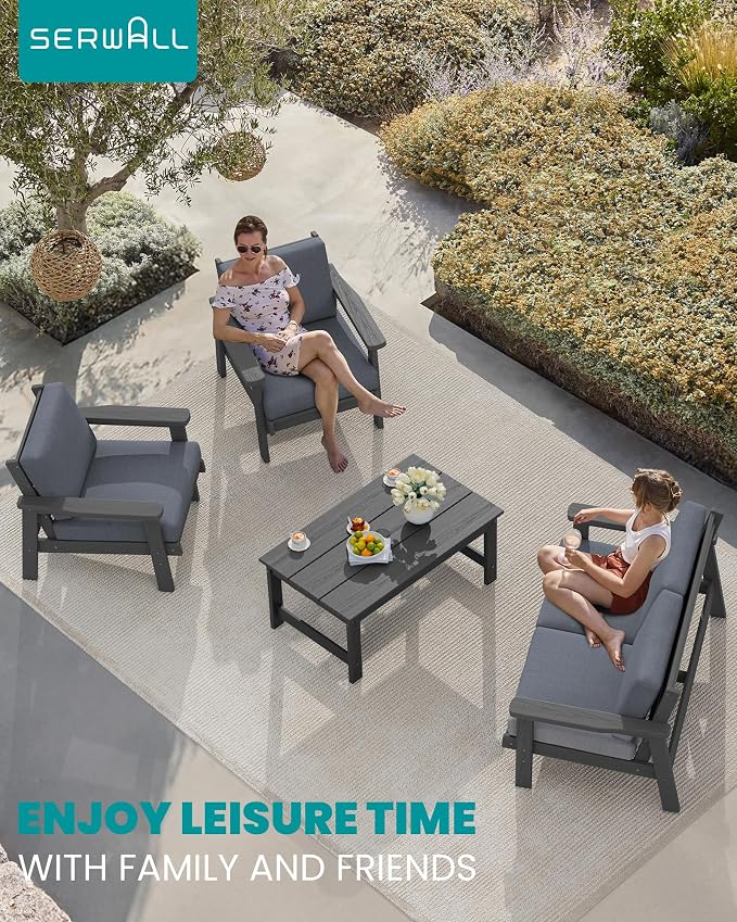 SERWALL HDPE Patio Furniture Set with 15FT Double Side Patio Umbrella, All Weather Wood-Like Outdoor Sofa Sectional Couch, Grey Patio Furniture with Grey Cushions