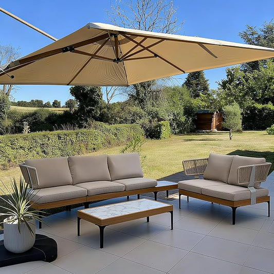 PURPLE LEAF 5 Pieces Patio Conversation Furniture Sets with with 9' X 12' Umbrella Loveseat Chairs Tables Modern Wicker Armrest Outdoor Aluminum Sectional Sofa Sets for Balcony Yard Garden Poolside