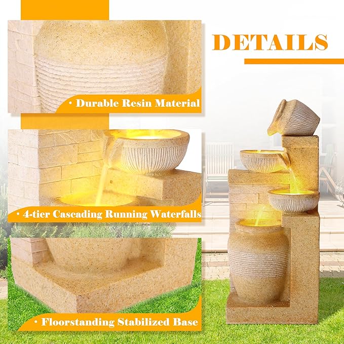 Water Fountain Outdoor, Modern Water Feature with LED Lights, 4-Tier Cascading Resin Waterfall Fountain, 32" Large Garden Fountains for Yard, Deck, Patio, Porch (Yellow)