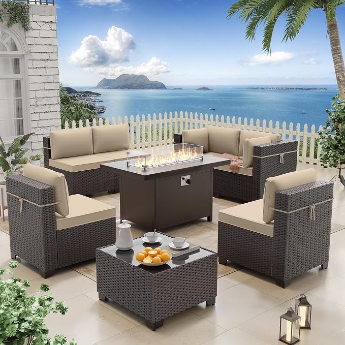 ALAULM 8 Pieces Patio Furniture Set with Aluminum Fire Pit Table Outdoor Furniture Sets 55000BTU Gas Fire Pit Brown PE Rattan Wicker Patio Conversation Sets w/6 Cushions-Sand