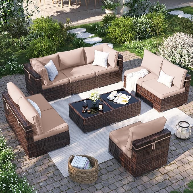 Patio Furniture Set, Modular 10-Piece Patio Conversation Sets with Coffee Table, All-Weather Wicker Outdoor Sectional for Backyard and Balcony, Beige (Waterproof Covers Included)