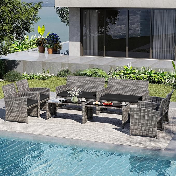 Tangkula 8 Piece Patio Wicker Furniture Set, Outdoor Heavy Duty Rattan Cushioned Chairs, Loveseat and Tempered Glass Coffee Table, for Backyard, Balcony, Poolside