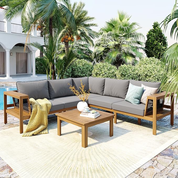 4 Piece Patio Seating Set, L-Shaped Patio Acacia Wood Sofa Set with Coffee Table, Woven Mesh Armrests, Outdoor Conversation Set with Cushions and Side Table, Gray+Natural