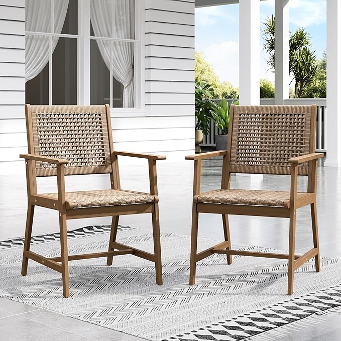 Sophia & William Patio Dining Chairs Outdoor 2 Pieces Hand Woven Wooden Rattan, Acacia Wood Outside Chair with Rattan Seat & Back for Porch Backyard Set of 2(Light Brown)