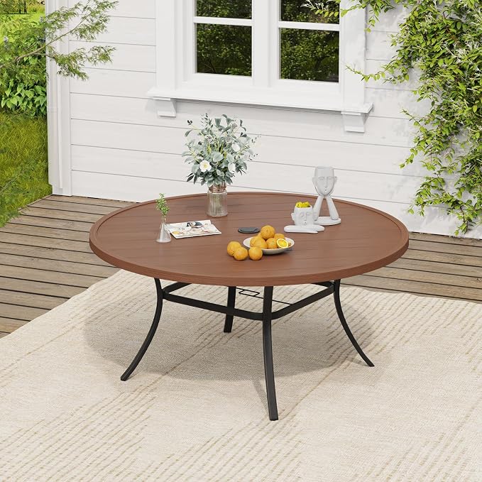 VICLLAX 53" Round Patio Table, Outdoor Dining Table for 8 with Umbrella Hole for Garden Lawn Deck Backyard, Walnut