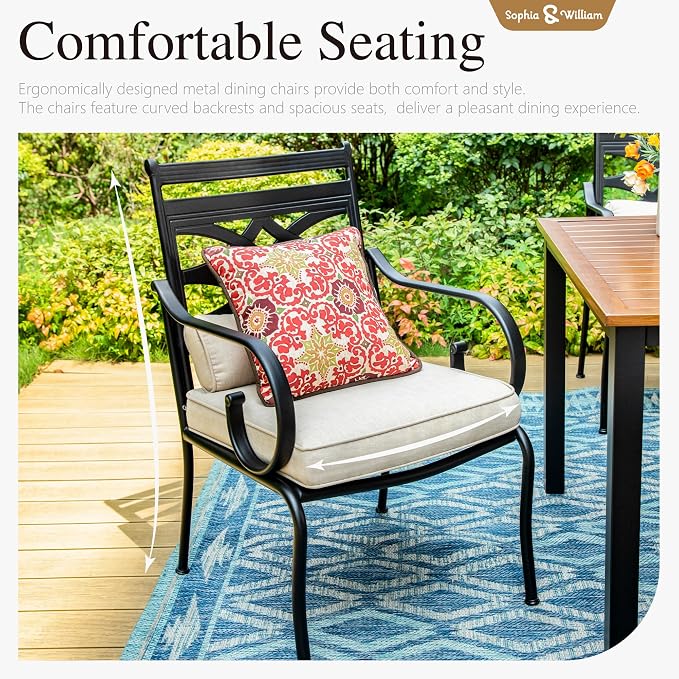 Sophia & William Patio Dining Set, 13ft Umbrella, Black | E-Coated,Padded Cushions