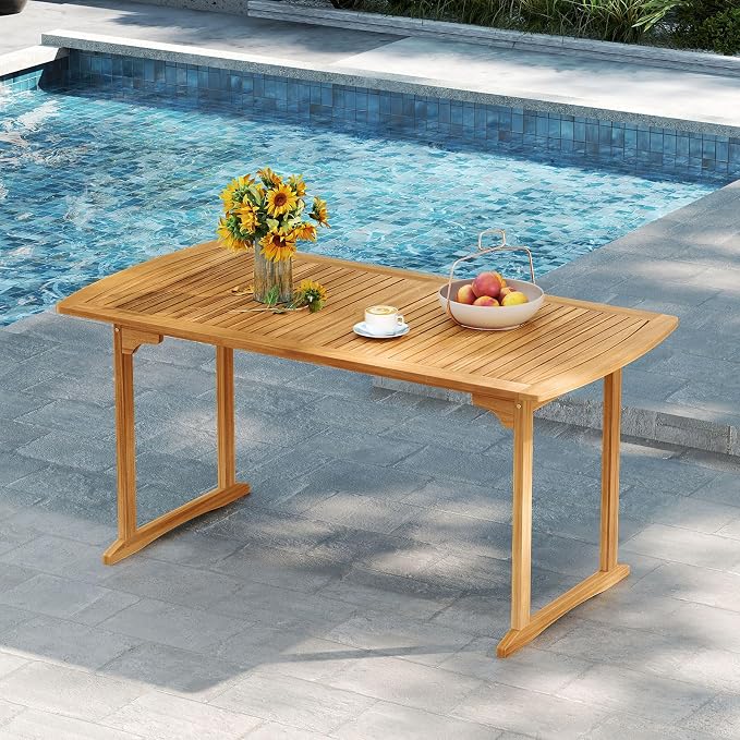 RELAX4LIFE 63’’ Wooden Outdoor Dining Table - Acacia Wood Rectangular Patio Table for 4-6 People w/Umbrella Hole & Slatted Tabletop, Farmhouse Furniture for Pool Backyard Garden Porch (U-Shaped Leg)