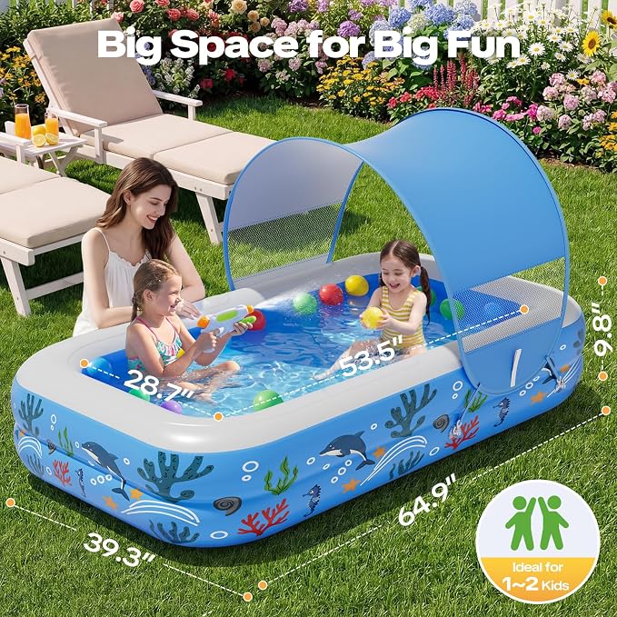 Verdenu Kiddie Pool with Sprinkler, Inflatable Baby Pool with Canopy and Soft Cushioned Floor, Toddler Pool Ball Pit for Backyard, Outdoor/Indoor Play