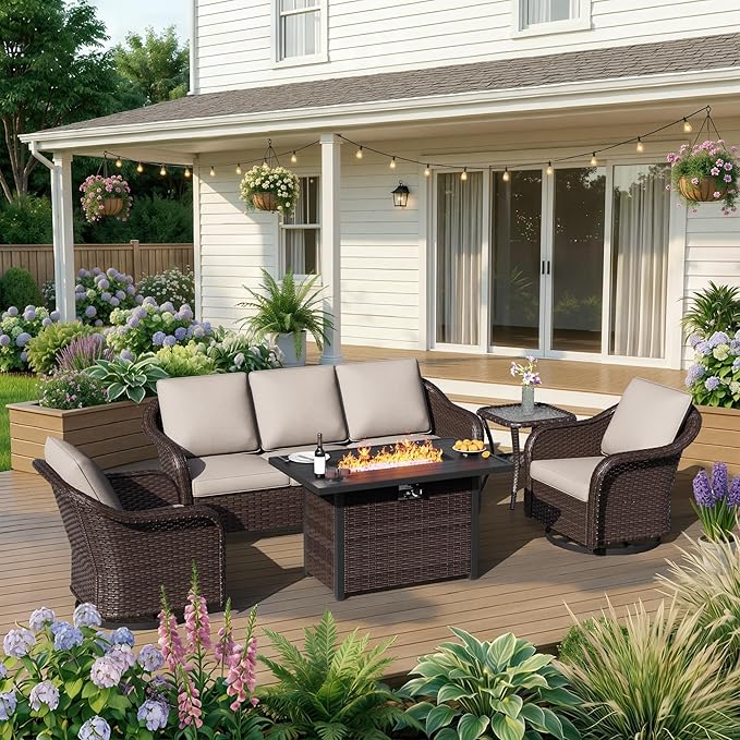 5 Piece Patio Wicker Conversation Set, All-Weather Use Outdoor Wicker Sofa with 2 PE Rattan Ottomans,2 Swivel Chair, 1 Side Table, Ideal for Porch, Backyard, Balcony, Poolside, Beige