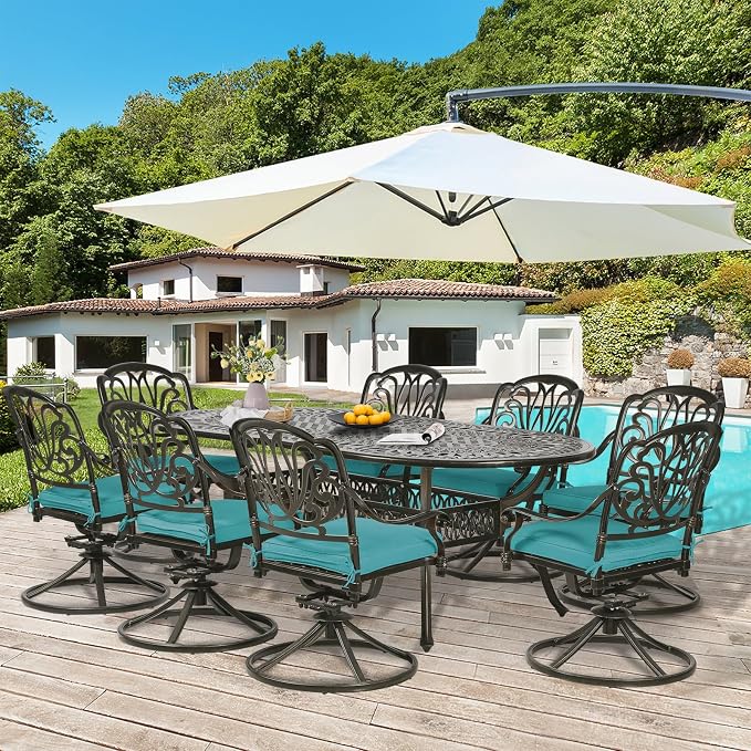 9-Piece Patio Dining Set, Outdoor Patio Table and Chair Set of 84” Oval Cast Aluminum Dining Table with Umbrella Hole, 8 Patio Dining Swivel Chairs Padded, Patio Funiture Set, Blue