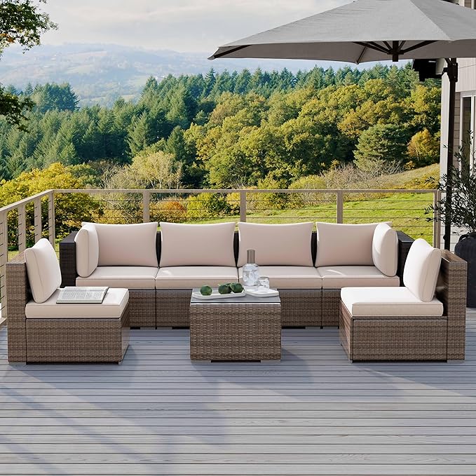 7-Piece Outdoor Patio Furniture Set – Handwoven All-Weather Rattan & 4” Thick Waterproof Cushions, Wicker Outdoor Conversation Sets with Coffee Table for Deck, Backyard, Garden, Beige/Brown