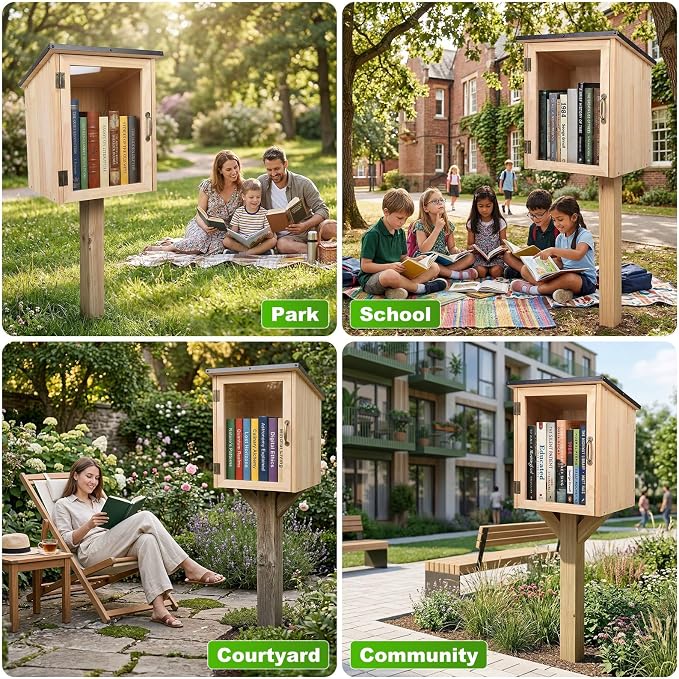 Little Library Outdoor Bookcase - Weatherproof Wooden Book Exchange Box with Visual Window, Large Capacity (Holds 15+ Books), Rain-Slope Roof for Backyard, Garden, Community & School Wooden Color
