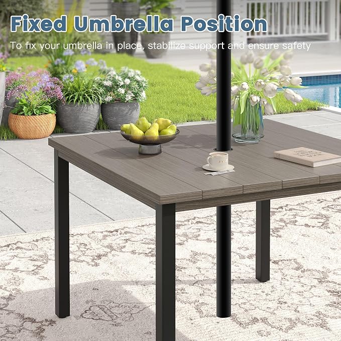 DIFY Patio Table and Chairs Set for 4, 5 Piece Outdoor Dining Set, 40.2" Grey Wood-Like Square Metal Dining Table with Umbrella Hole and 4 Grey Textilene Swivel Patio Chairs, for Garden Backyard Deck