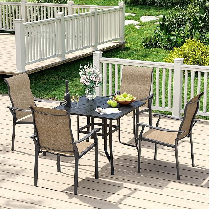 UDPATIO 5 Piece Outdoor Patio Table and Chairs Set for 4, 37" Black Square Table with Umbrella Hole, Metal Brown Patio Chairs Set of 4, Patio Table with Chairs, Outdoor Patio Dining Set for Lawn
