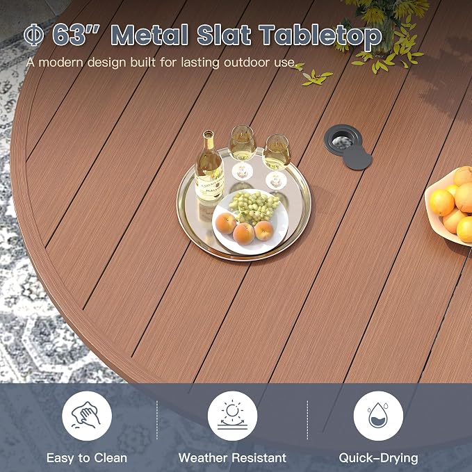 VICLLAX 63" Outdoor Patio Dining Table for 8-10, Metal Round Table with Umbrella Hole for Deck Lawn Garden Backyard, Walnut