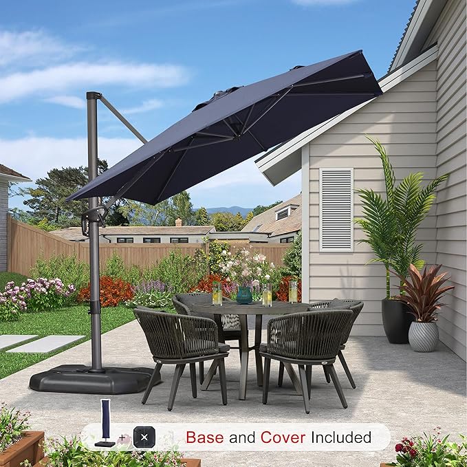 PURPLE LEAF 8'×8' Patio Cantilever Umbrella with Base Included Offset Outdoor Umbrella with Cover Square Outdoor Patios for Backyard Pool Garden Navy Blue