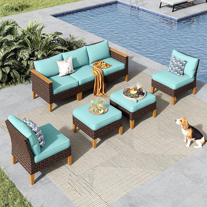 MFSTUDIO 7 Piece Extra Large Wicker Patio Furniture Set, 2 x Armless Chair, 2 x Ottoman, 3-Seat Sofa, All-Weather Outdoor Rattan Patio Conversation Set Patio Sectional Sofa(Aqua Blue Cushions)