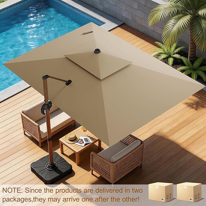 10x13FT Cantilever Outdoor Patio Umbrellas with Base, Double Top Wood Pattern Rectangle Umbrella, Heavy Duty 360°Rotation Offset Umbrella for Garden Deck Pool Patio, Brown