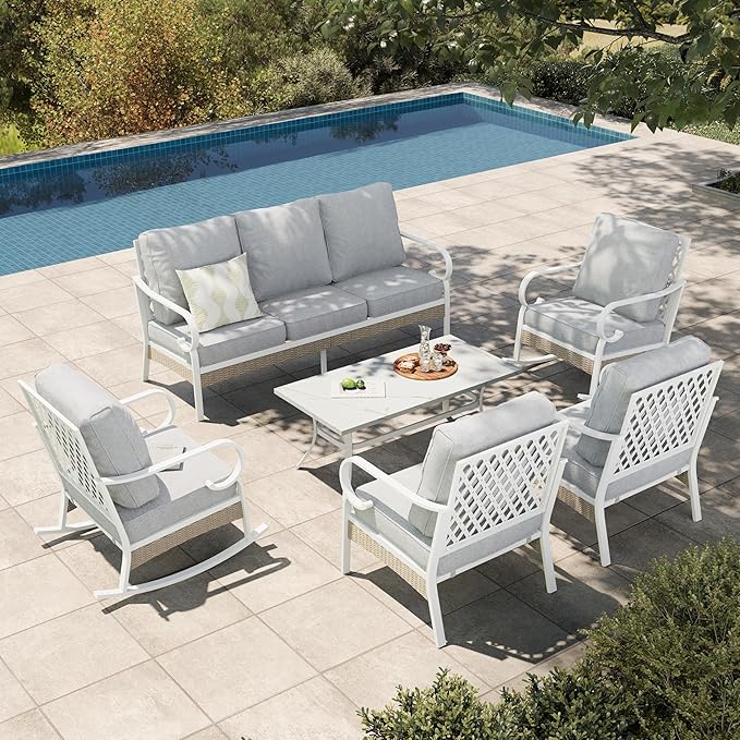 HERA'S HOUSE 6 Piece Metal Patio Furniture Set, All Weather Outdoor Conversation Set with 3-Seat Sofa, 2 Rocking Chairs, 2 Fixed Chairs & Coffee Table, 7 Seats for Backyard, Garden, Deck, White/Grey