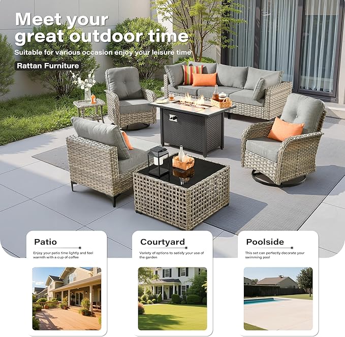 9 Pieces Outdoor Sectional Patio Furniture Set with 42" Fire Pit,Conversation Sets Rattan Wicker L Shaped Couch Swivel Rocking Chairs,Modular Outdoor Sofa for Porch Balcony Backyard Dark Grey