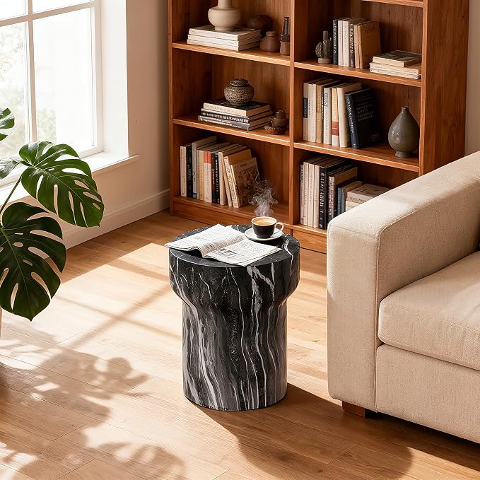 Outdoor Side Table Round Faux Marble Side Table Barrel End Tables Cement Accent Tables Patio Small Cofee Table Garden Stool for Porch, Backyard Balcony,15.55",Grey, Weather Resistant, MgO