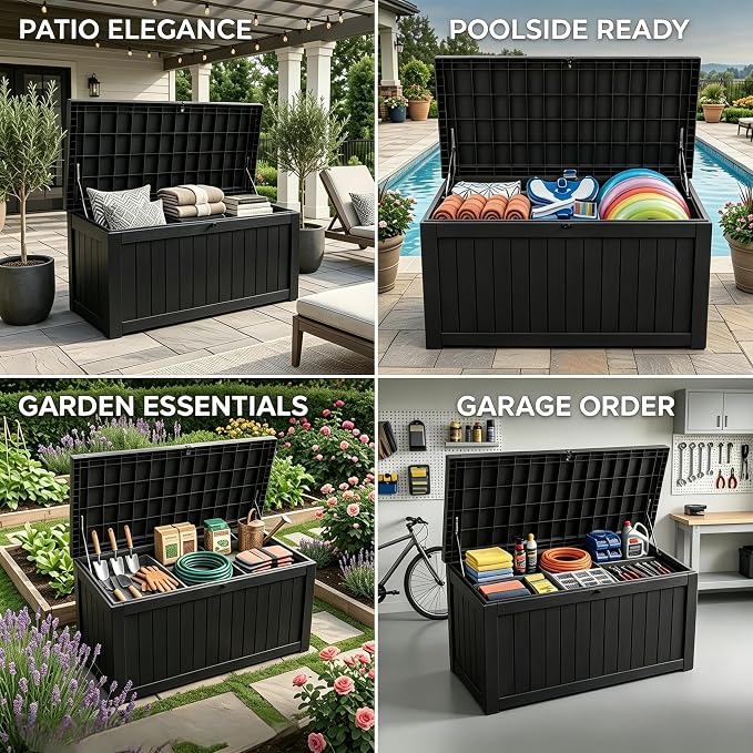 Large 258 Gallon Resin Deck Box, Heavy Duty Lockable Patio Storage Box Outdoor, Waterproof Tool Box for Garden Furniture Cushions & Pool Supplies, Wood Grain Outdoor Storage Bench for Backyard