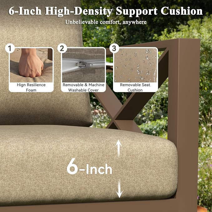 3 Piece Aluminum Patio Furniture Set, Modern Outdoor Patio Conversation Sets with Ergonomic Armhairs and Side Table, 6" Thick Washable Cushions for Balcony, Porch, Backyard,Brown