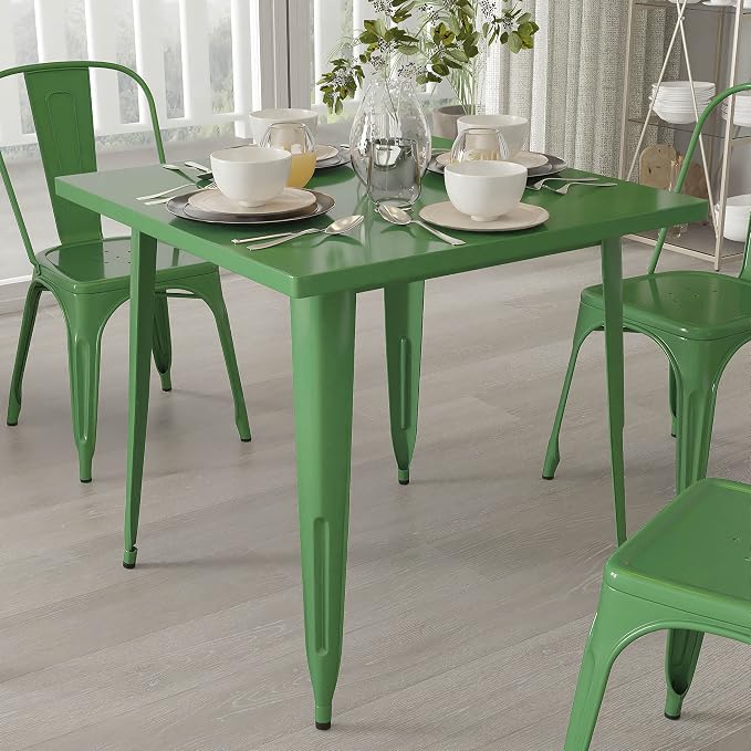 Merrick Lane Nash Indoor-Outdoor Dining Table Only - Green Powder Coated Finish - 31.5" Square Top - 27.25" Wide Base - Bracing for Added Stability
