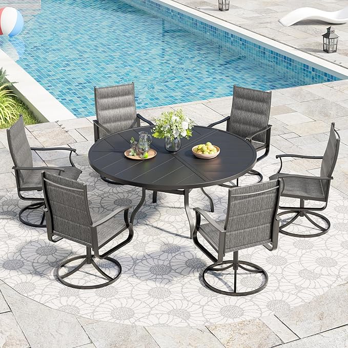 UDPATIO 7 Piece Outdoor Patio Dining Set, Outdoor Patio Table and Chairs Set, 51" Round Table with Umbrella Hole, Patio Swivel Chairs, Patio Table with Chairs for Lawn, Deck, Yard, Backyard