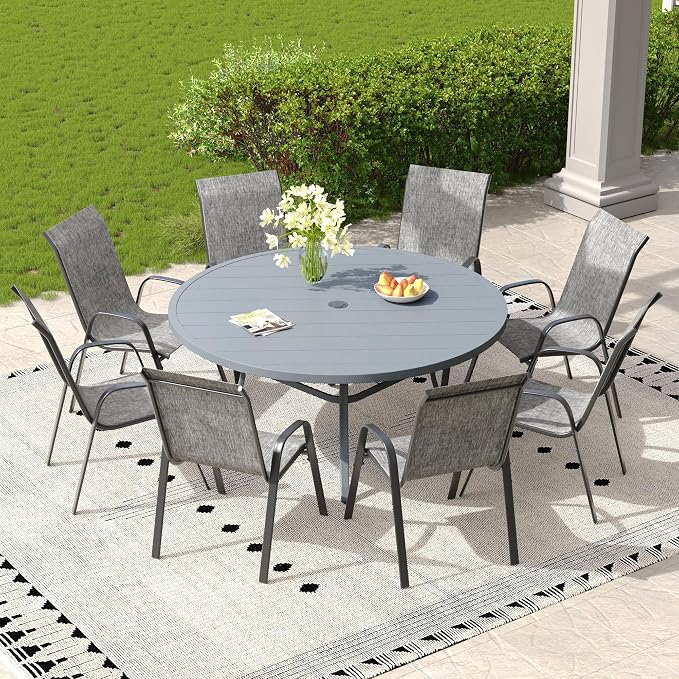 9 Pieces Outdoor Dining Set, 53" Round Table with Umbrella Hole & Stackable Patio Dining Chairs, Patio Table and Chairs Set for Deck Garden Porch, Grey Chairs & Dark Grey Table