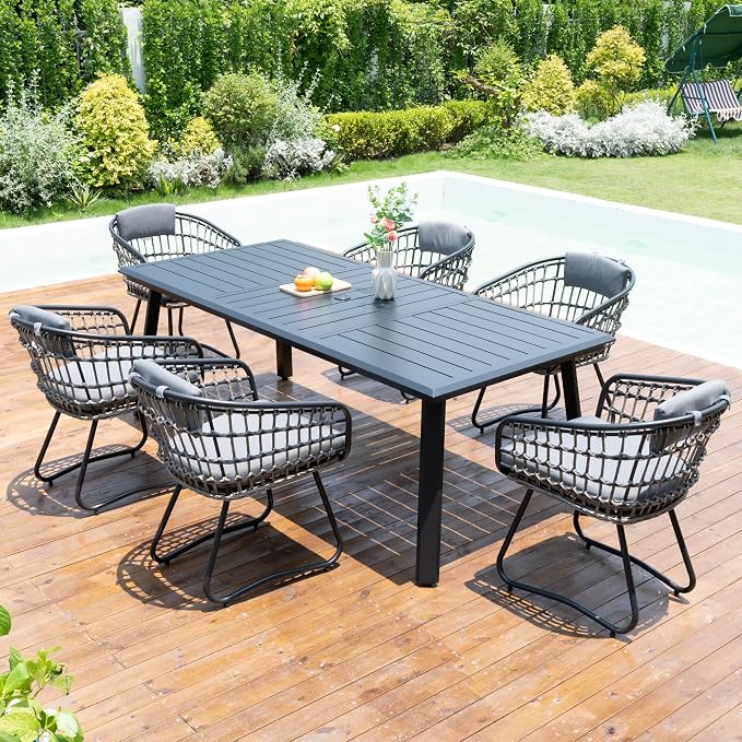 Pellebant 7-piece Outdoor Dining Set for 6 - Weather-Resistant Patio Dining Furniture Set, 83" Aluminum Outdoor Table with Umbrella Hole, Wicker Chairs with Cushion for Deck, Porch, Backyard, Gray
