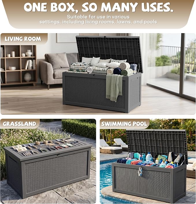 EasyUp 320 Gallon Deck Box, Large Deck Box for Indoor and Outdoor,Waterproof Storage Boxs for Patio Furniture,Garden Tools,Cushions, Lockable and UV Resistant,Easy to Install(Black)